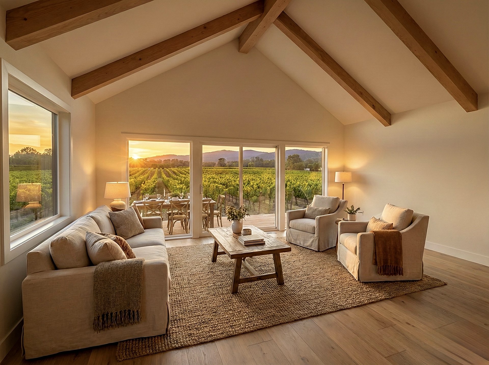 A suite living room looking out over the vineyard